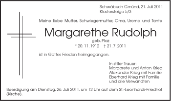 Traueranzeige von Margarethe Rudolph von Gmünder Tagespost