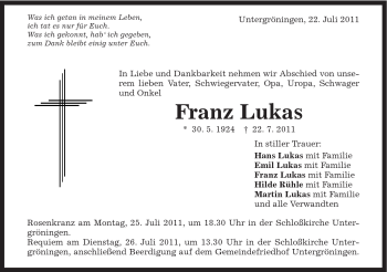 Traueranzeige von Franz Lukas von Gmünder Tagespost