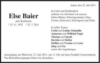 Traueranzeige von Else Baier von Schwäbische Post