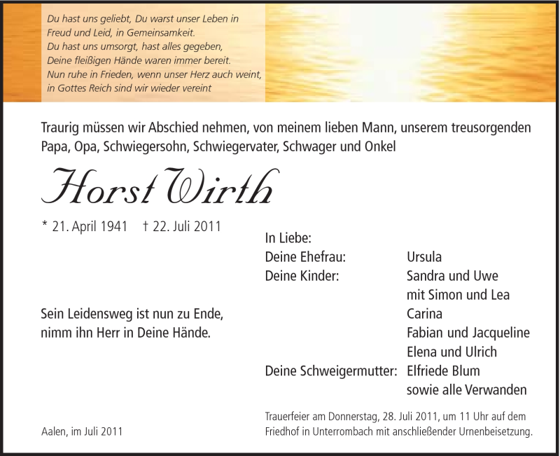  Traueranzeige für Horst Wirth vom 25.07.2011 aus Schwäbische Post