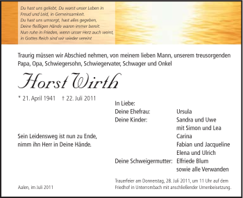 Traueranzeige von Horst Wirth von Schwäbische Post