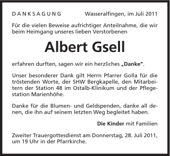 Traueranzeige von Albert Gsell von Schwäbische Post