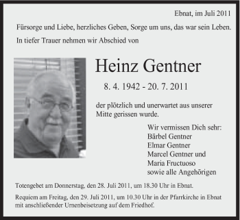 Traueranzeige von Heinz Gentner von Schwäbische Post