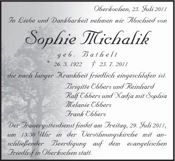 Traueranzeige von Sophie Michalik von Schwäbische Post