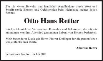 Traueranzeige von Otto Hans Retter von Gmünder Tagespost