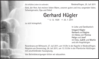 Traueranzeige von Gerhard Hügler von Schwäbische Post
