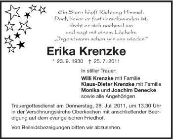 Traueranzeige von Erika Krenzke von Schwäbische Post