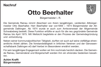 Traueranzeige von Otto Beerhalter von Schwäbische Post