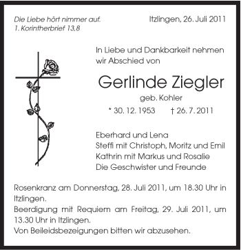 Traueranzeige von Gerlinde Ziegler von Schwäbische Post
