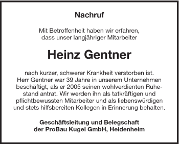 Traueranzeige von Heinz Gentner von Schwäbische Post
