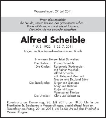 Traueranzeige von Alfred Scheible von Schwäbische Post