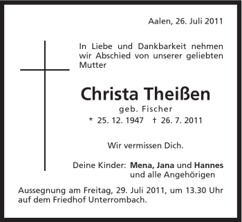 Traueranzeige von Christa Theißen von Schwäbische Post