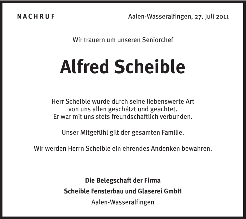  Traueranzeige für Alfred Scheible vom 27.07.2011 aus Schwäbische Post
