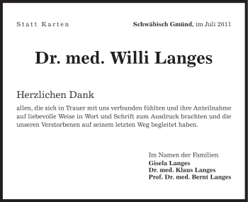 Traueranzeige von Willi Langes von Gmünder Tagespost