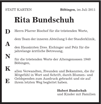 Traueranzeige von Rita Bundschuh von Gmünder Tagespost