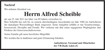 Traueranzeige von Alfred Scheible von Schwäbische Post