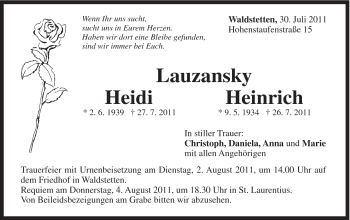 Traueranzeige von Heidi Lauzansky von Gmünder Tagespost
