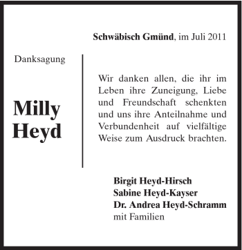 Traueranzeige von Milly Heyd von Gmünder Tagespost