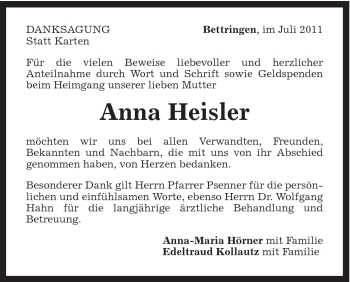 Traueranzeige von Anna Heisler von Gmünder Tagespost