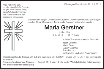 Traueranzeige von Maria Gestner von Schwäbische Post