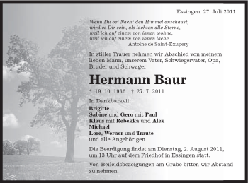 Traueranzeige von Hermann Baur von Schwäbische Post