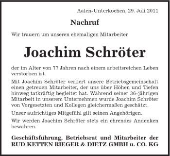 Traueranzeige von Jochaim Schröter von Schwäbische Post