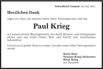 Traueranzeige von Paul Krieg von Gmünder Tagespost