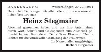 Traueranzeige von Heinz Stegmaier von Schwäbische Post