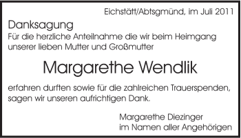 Traueranzeige von Margarethe Wendlik von Schwäbische Post