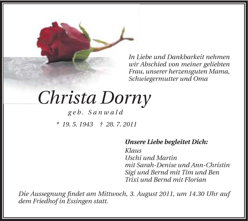  Traueranzeige für Christa Dorny vom 30.07.2011 aus Schwäbische Post