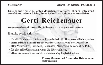 Traueranzeige von Gerti Reichenauer von Gmünder Tagespost