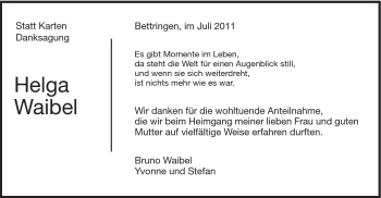 Traueranzeige von Helga Waibel von Gmünder Tagespost