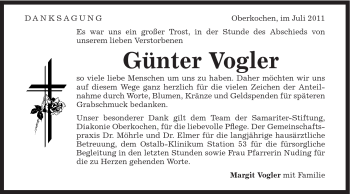 Traueranzeige von Günter Vogler von Schwäbische Post