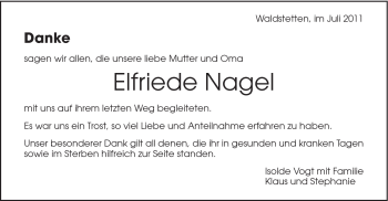 Traueranzeige von Elfriede Nagel von Gmünder Tagespost