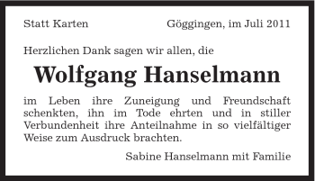 Traueranzeige von Wolfgang Hanselmann von Gmünder Tagespost