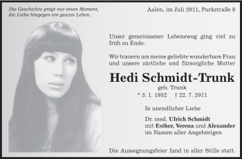 Traueranzeige von Hedi Schmidt-Trunk von Schwäbische Post