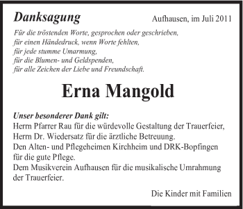 Traueranzeige von Erna Mangold von Schwäbische Post