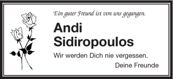Traueranzeige von Andi Sidiropoulos von Gmünder Tagespost