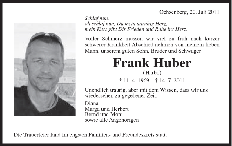  Traueranzeige für Frank Huber vom 20.07.2011 aus Schwäbische Post