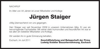 Traueranzeige von Jürgen Staiger von Gmünder Tagespost
