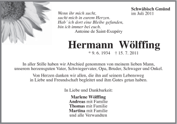 Traueranzeige von Hermann Wölffing von Gmünder Tagespost