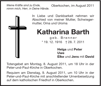 Traueranzeige von Katharina Barth von Schwäbische Post