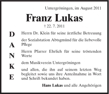 Traueranzeige von Franz Lukas von 088