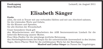 Traueranzeige von Elisabeth Sänger von Gmünder Tagespost