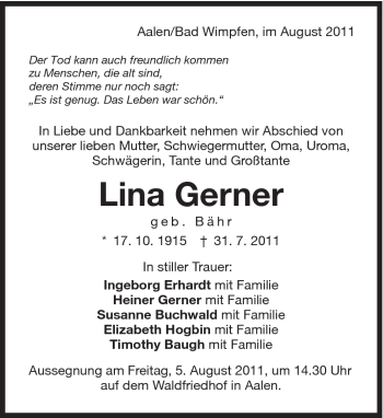 Traueranzeige von Lina Gerner von 020