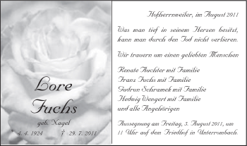 Traueranzeige von Lore Fuchs von Schwäbische Post