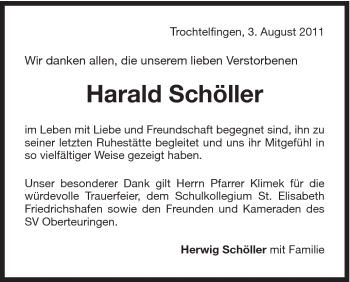 Traueranzeige von Harald Schöller von Schwäbische Post