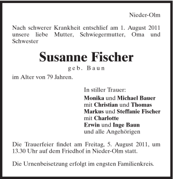 Traueranzeige von Susanne Fischer von Schwäbische Post