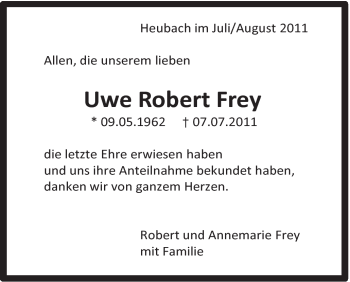 Traueranzeige von Uwe Robert Frey von Gmünder Tagespost