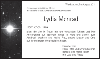 Traueranzeige von Lydia Menrad von Gmünder Tagespost